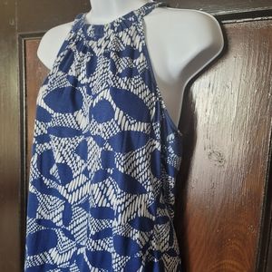 Ann Taylor Mock neck Halter. Blue and White sleeveless top. Size L
